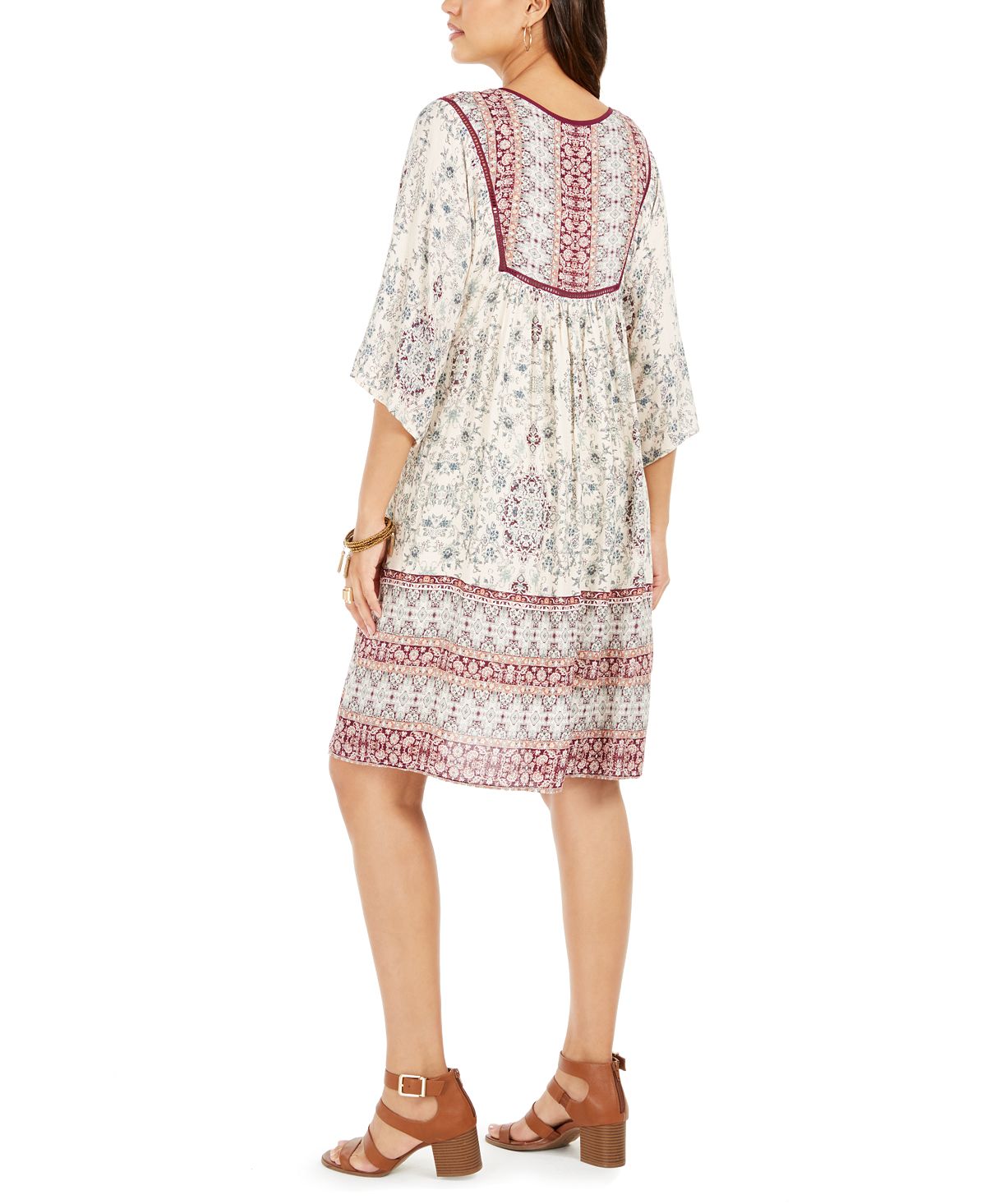 Style & Co Petite Printed 3/4-Sleeve Peasant Dress Brown Size Petite P