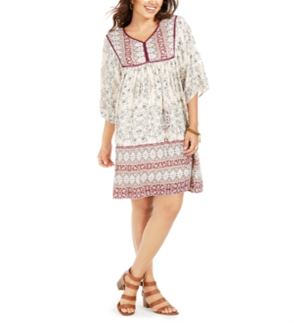 Style & Co Petite Printed 3/4-Sleeve Peasant Dress Brown Size Petite P