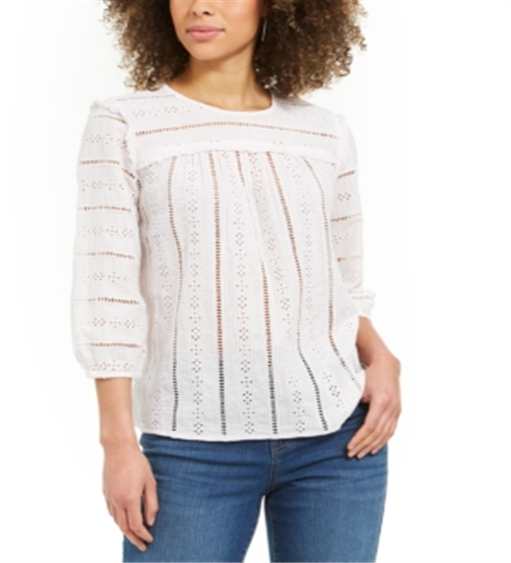 Style & Co Women's Striped Eyelet 3/4 Sleeve Top Beige Size Small