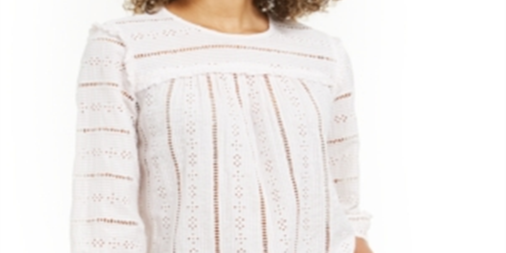 Style & Co Women's Striped Eyelet 3/4 Sleeve Top Beige Size Small