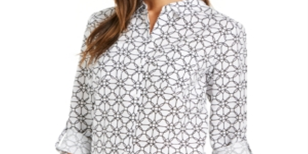 Charter Club Women's Printed Tab Sleeve Shirt White Size Small