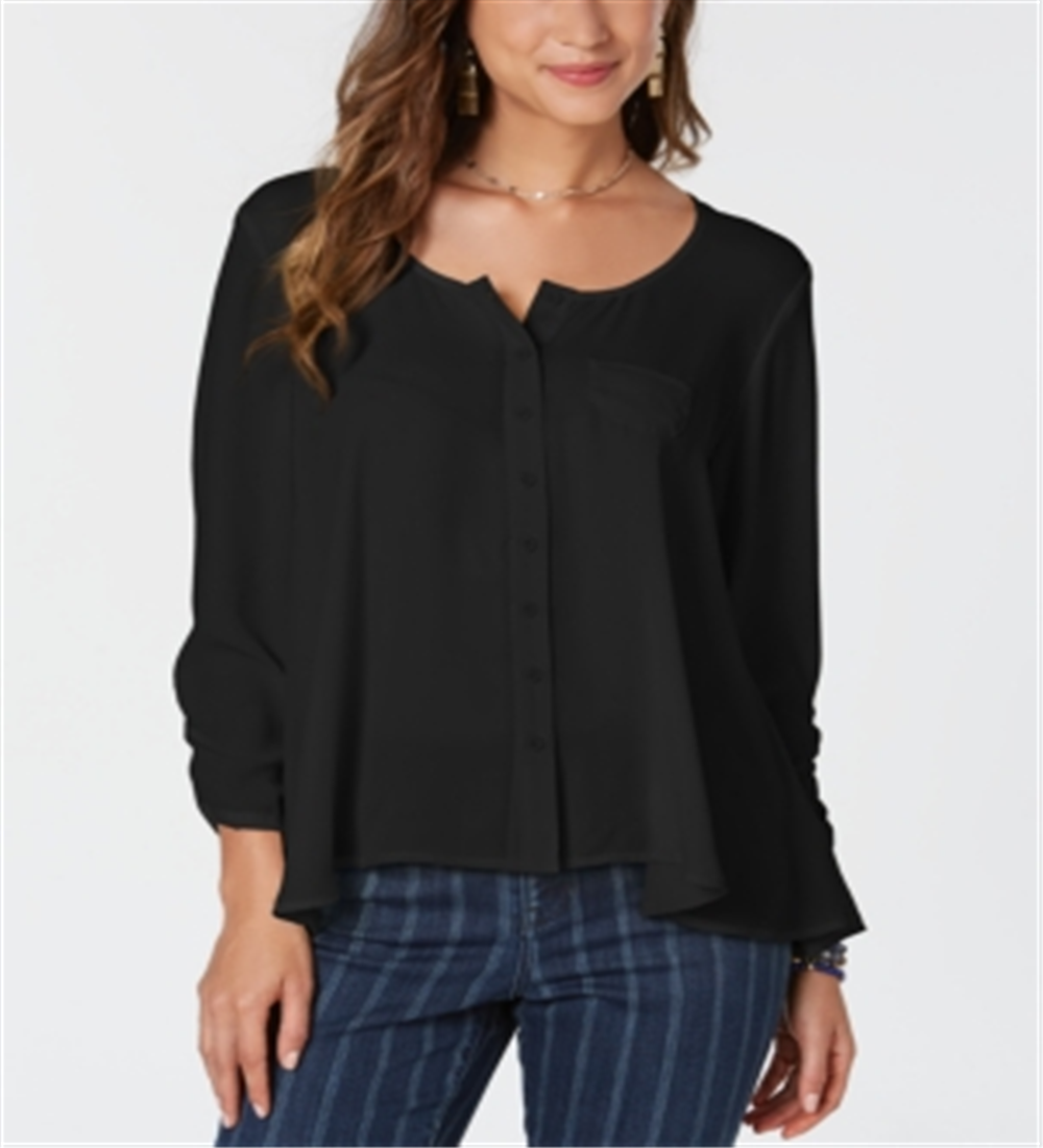 Style & Co Women's Ruffled Long Sleeve Scoop Neck Blouse Black Size X-Small