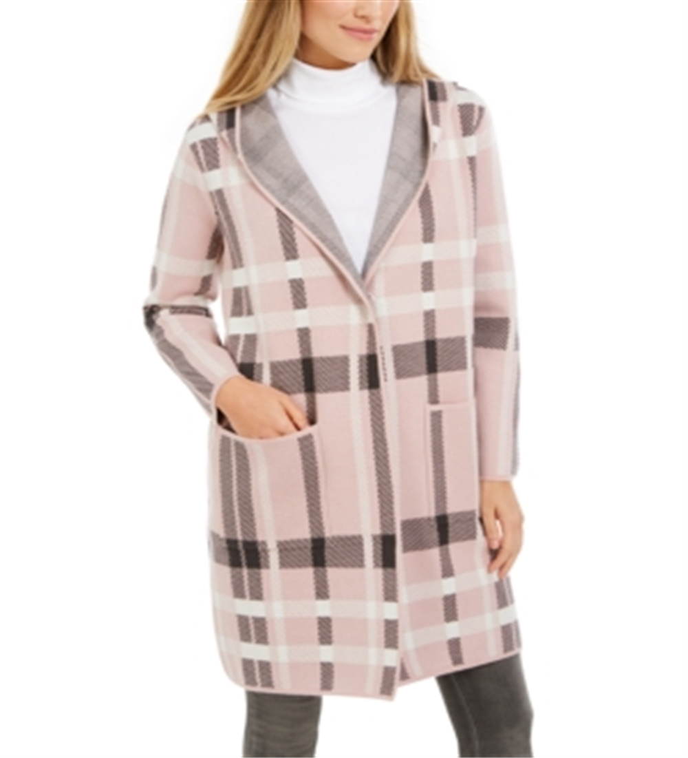 Charter Club Women's Plaid Hooded Coat Pink Size Petite