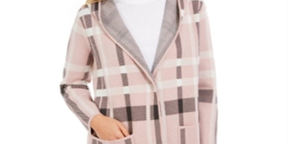 Charter Club Women's Plaid Hooded Coat Pink Size Petite
