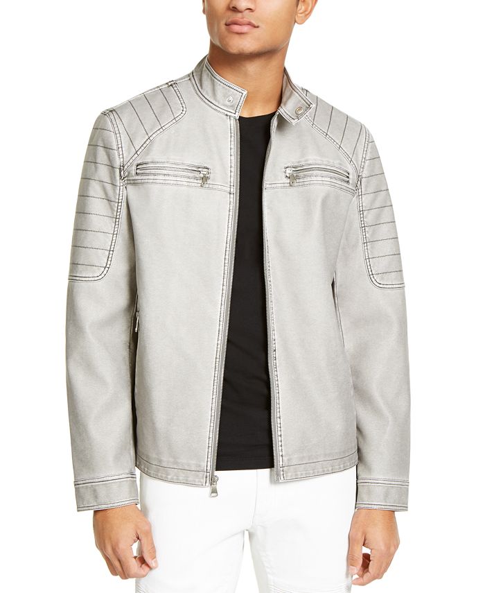 INC International Concepts Men's Motorcycle Full Zip Faux Leather Jacket Gray Size Small