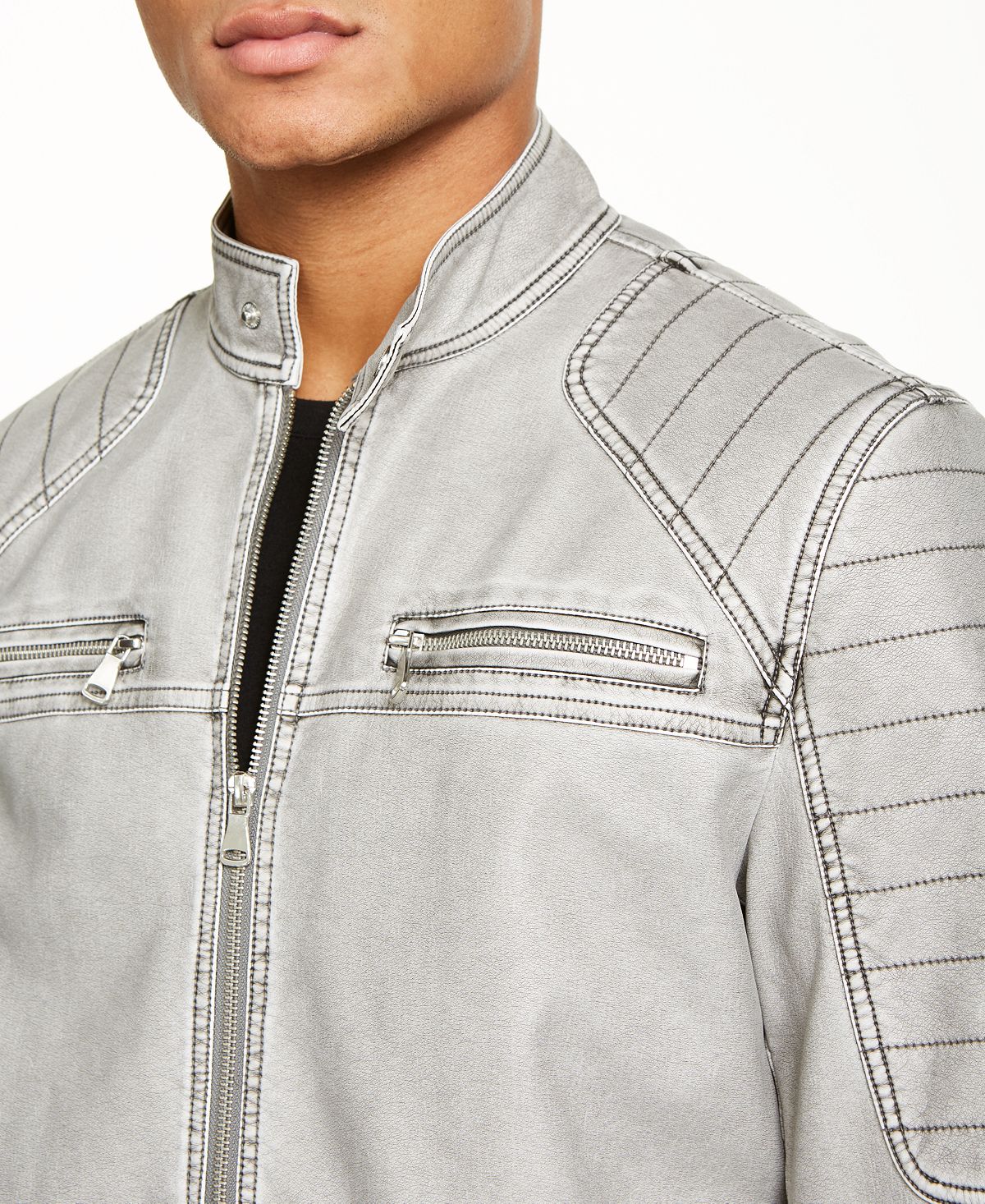 INC International Concepts Men's Motorcycle Full Zip Faux Leather Jacket Gray Size Small