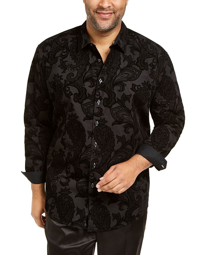 INC International Concepts Men's Big & Tall Flocked Paisley Shirt Black Size 4XLT