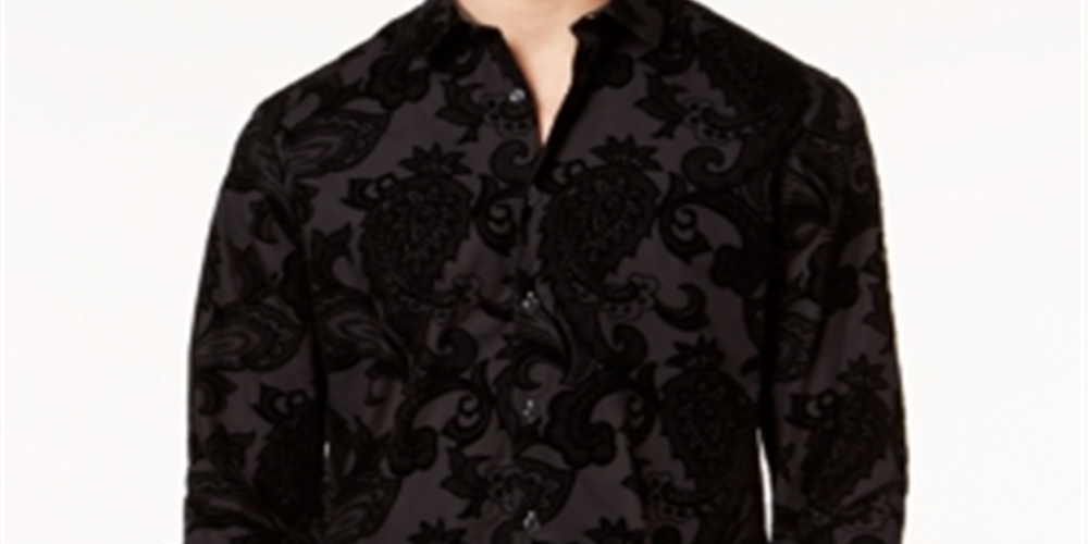 INC International Concepts Men's Big & Tall Flocked Paisley Shirt Black Size 4XLT