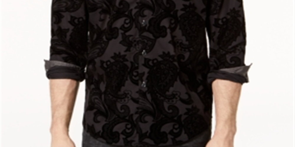 INC International Concepts Men's Big & Tall Flocked Paisley Shirt Black Size 4XLT