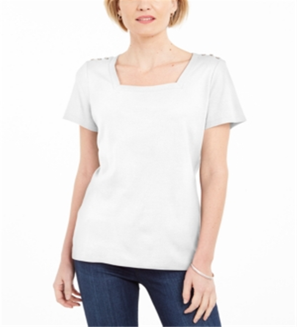 Karen Scott Women's Cotton Square Neck T-Shirt White Size Small