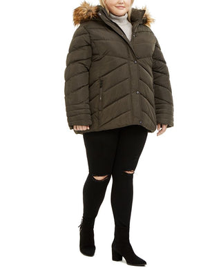 Madden Girl Junior's Plus Faux Fur Trim Hooded Puffer Coat Green Size 3X