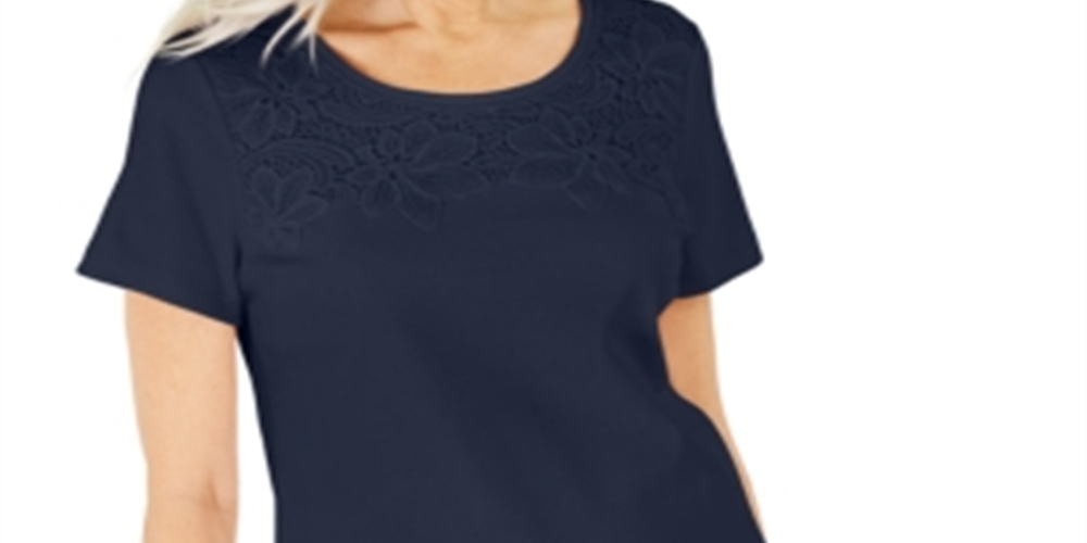 Karen Scott Women's Cotton Crochet-Front Top Blue Size XX-Large