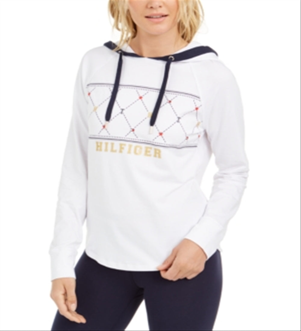 Tommy Hilfiger Women's Sport Argyle Panel Hoodie White Size Large