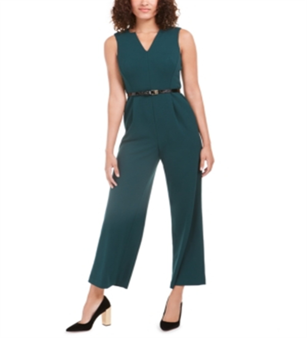 Calvin Klein Women's V Neck Belted Jumpsuit Green Size 4-P