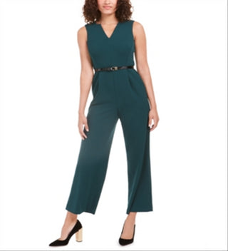 Calvin Klein Women's V Neck Belted Jumpsuit Green Size 4-P