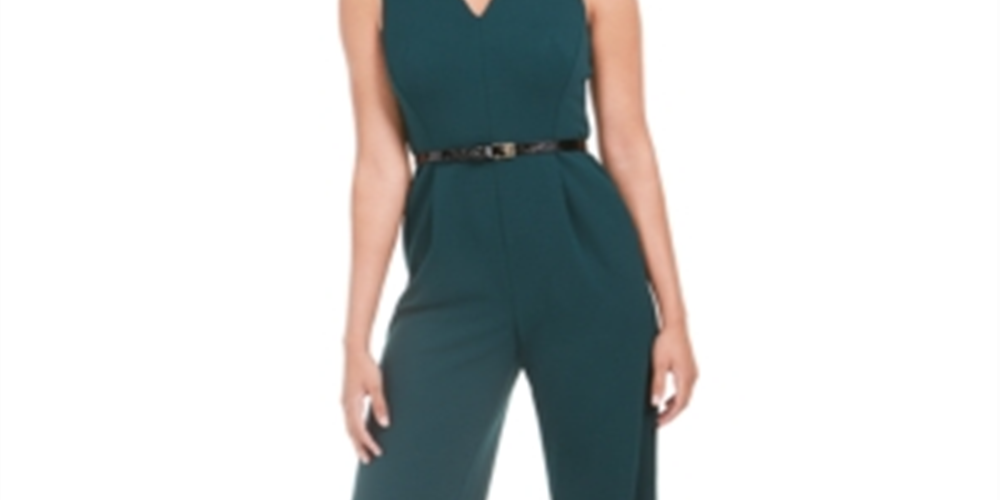 Calvin Klein Women's V Neck Belted Jumpsuit Green Size 4-P