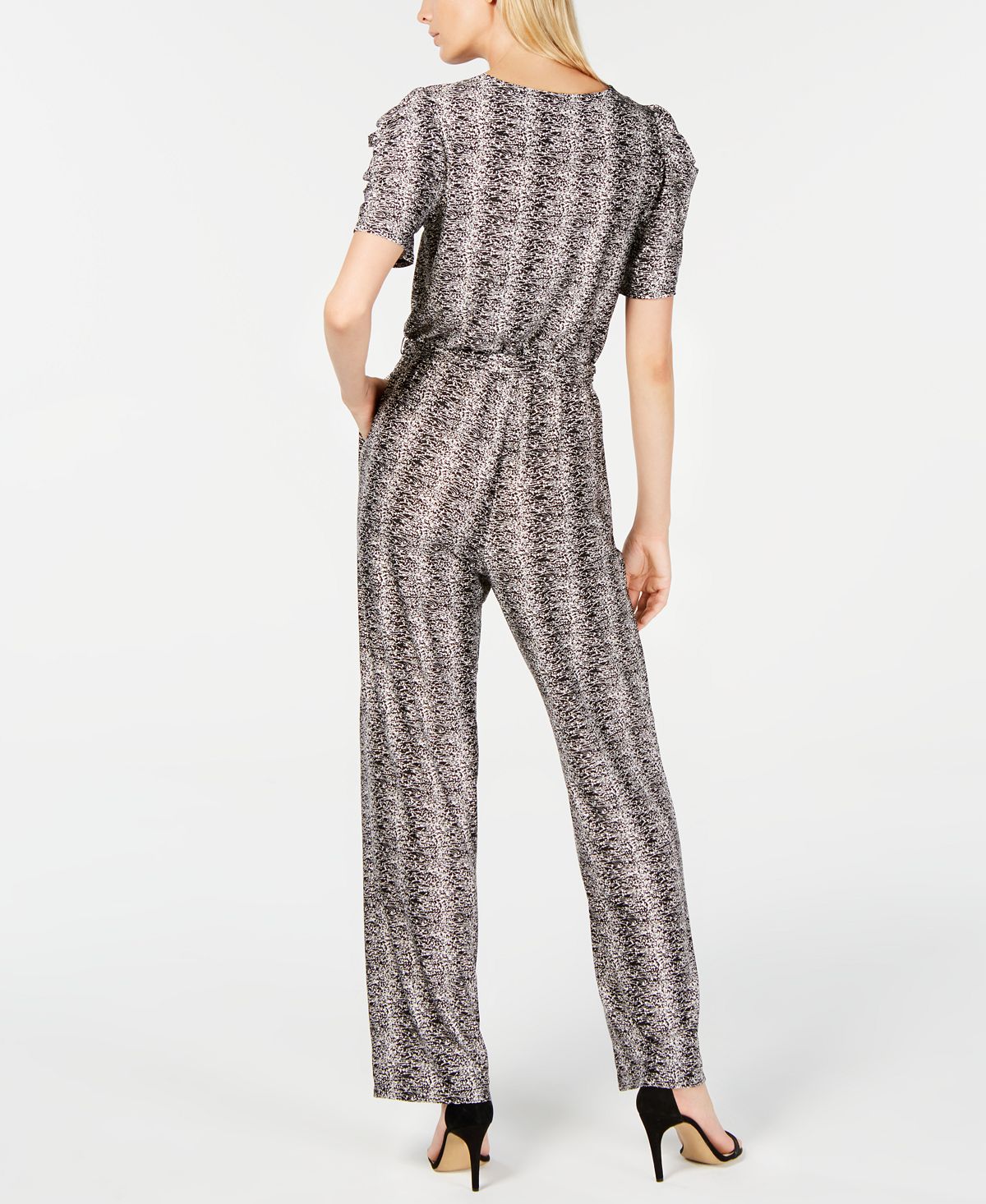 NY Collection Women's Printed Puff Sleeve Jumpsuit Black Size Petite XL