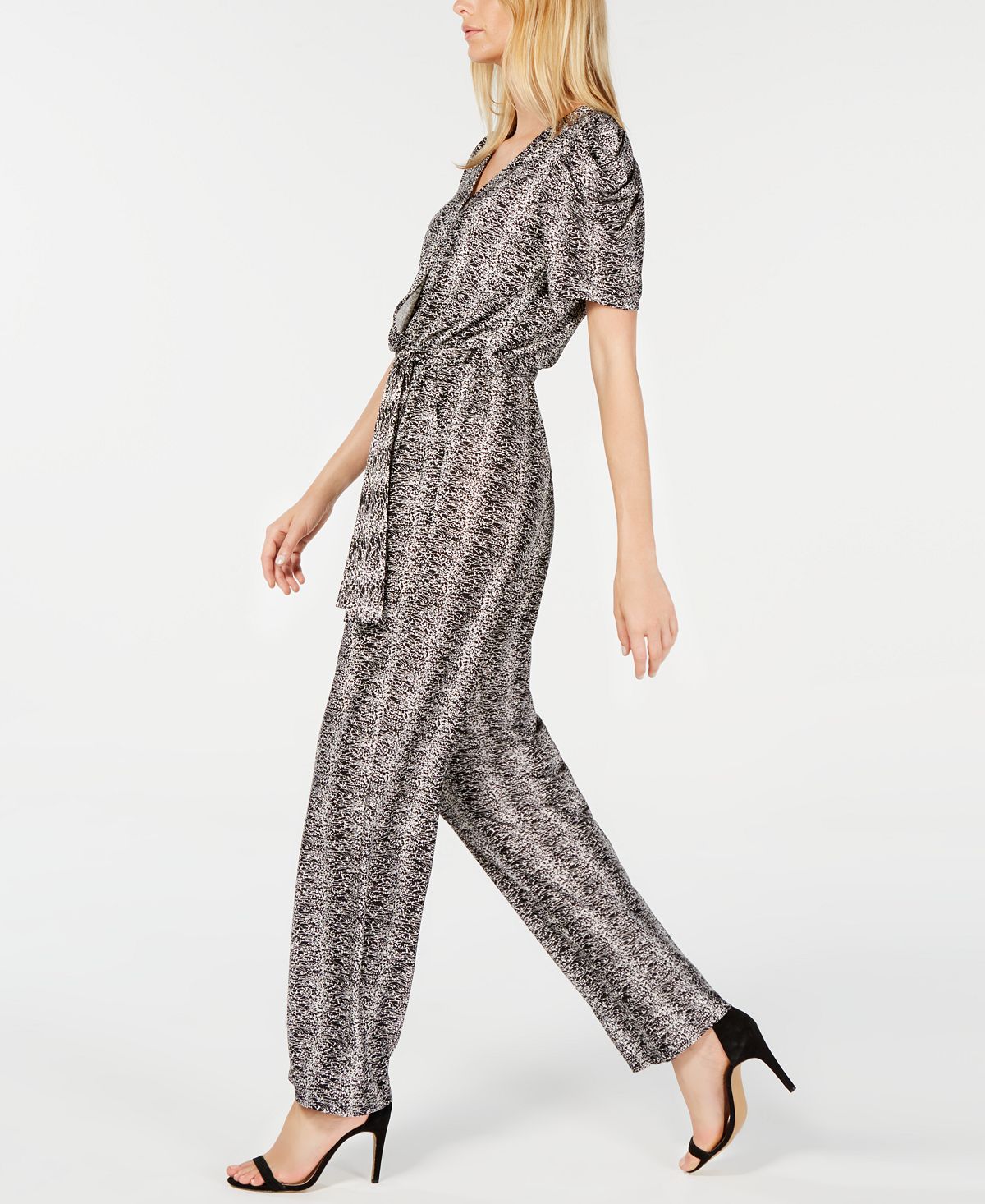 NY Collection Women's Printed Puff Sleeve Jumpsuit Black Size Petite XL