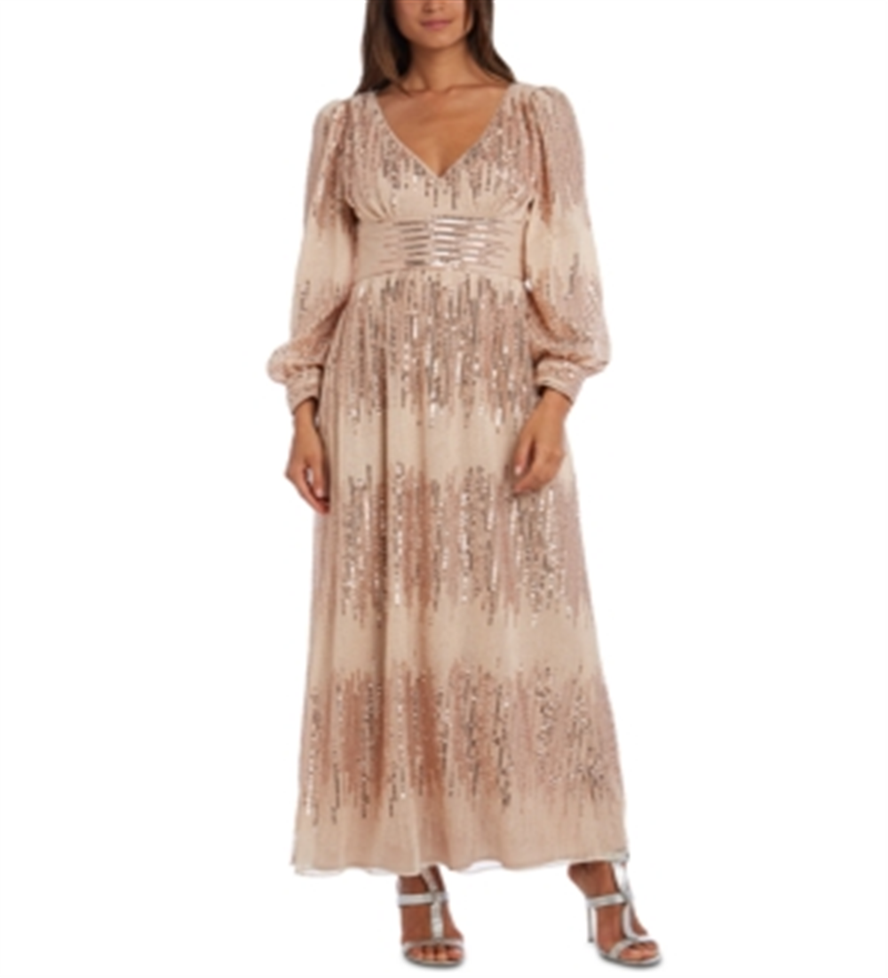 R & M Richard Women's Long Sleeve Maxi Sheath Evening Dress Beige Size 10 Petite