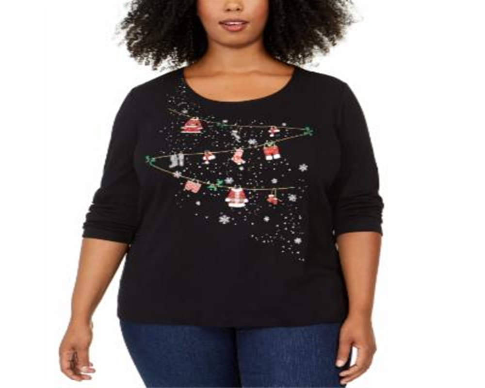 Karen Scott Women's Cotton Holiday Rhinestone Embellished Top Black Size 3X