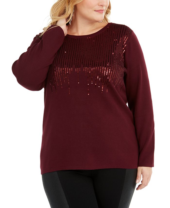 INC International Concepts Women's Plus Sequin Crewneck Sweater Wine Size 1X