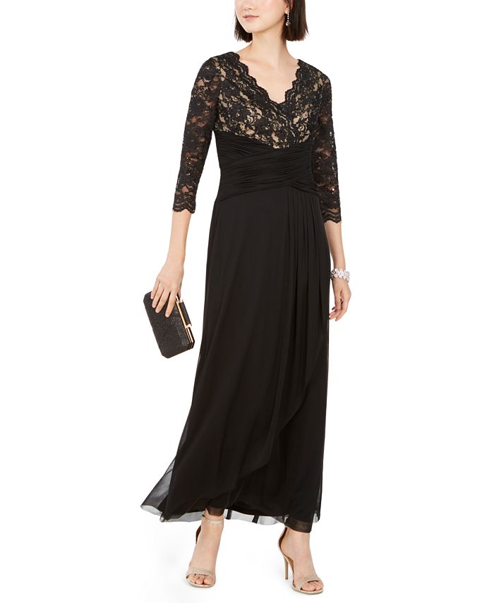 Jessica Howard Women's Lace Glitter Zippered 3/4 Sleeve V Neck Maxi Sheath Formal Dress Black Size 4 Petite