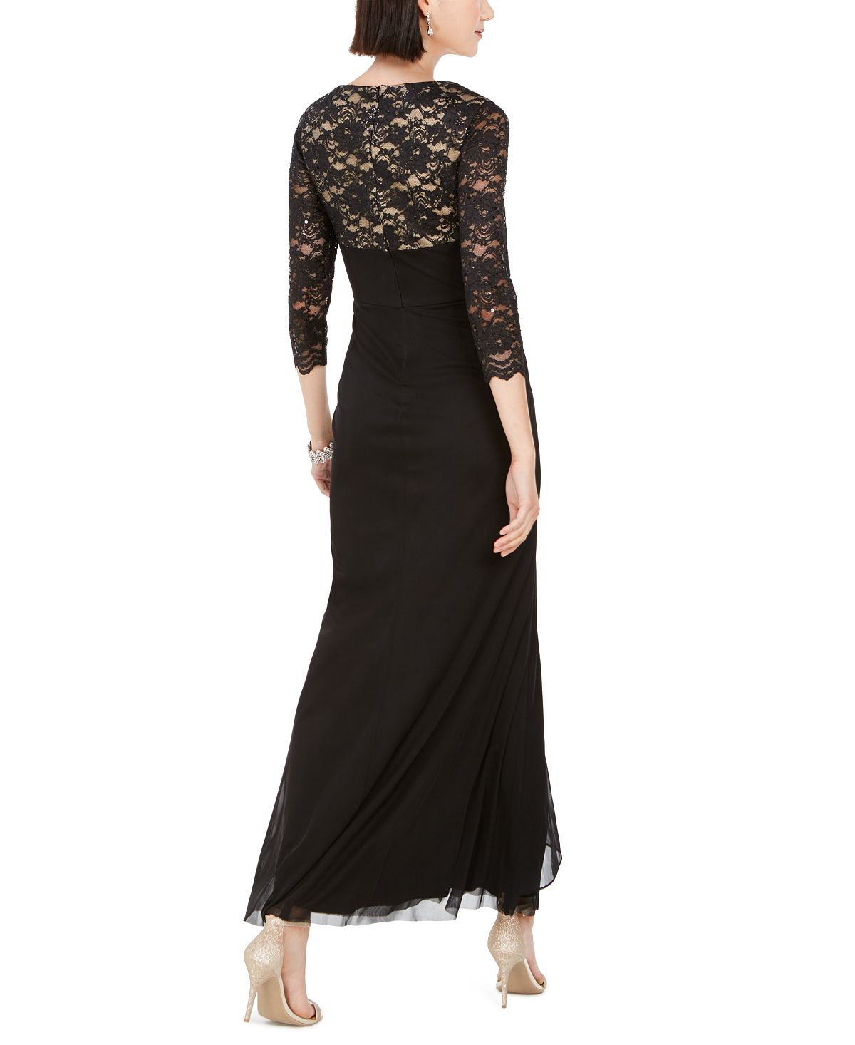 Jessica Howard Women's Lace Glitter Zippered 3/4 Sleeve V Neck Maxi Sheath Formal Dress Black Size 4 Petite