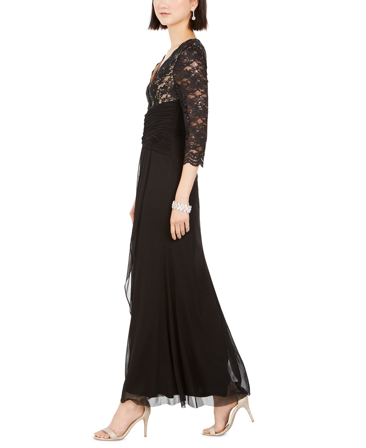 Jessica Howard Women's Lace Glitter Zippered 3/4 Sleeve V Neck Maxi Sheath Formal Dress Black Size 4 Petite