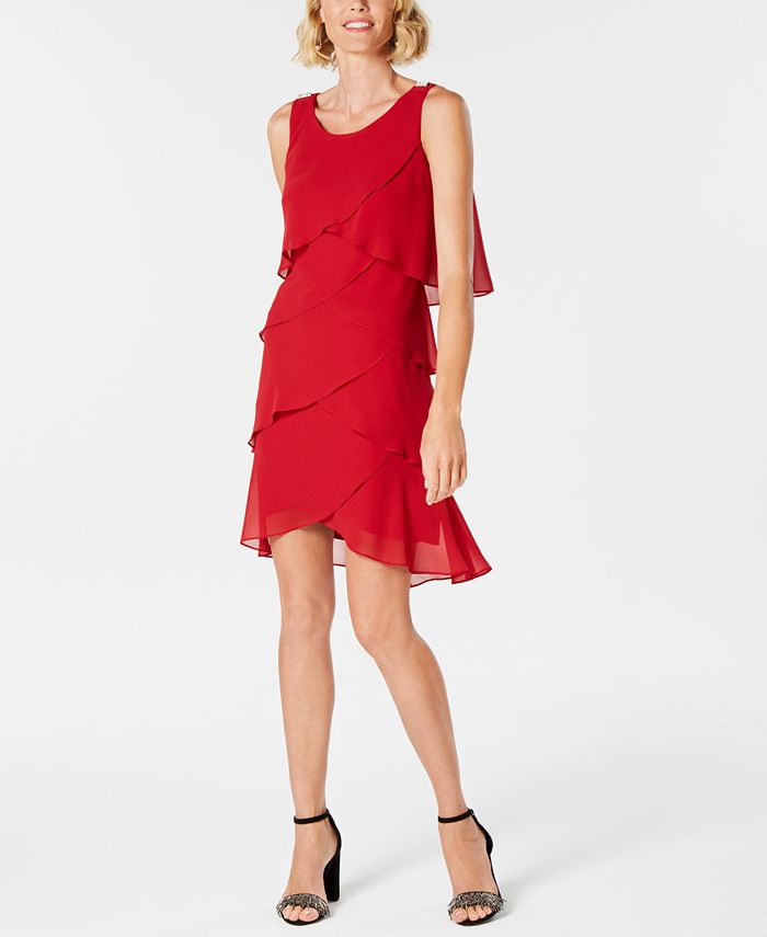 SL Fashions Women's Embellished Shoulders Sleeveless Scoop Neck Above the Knee Evening Fit Flare Dress Red Size 18