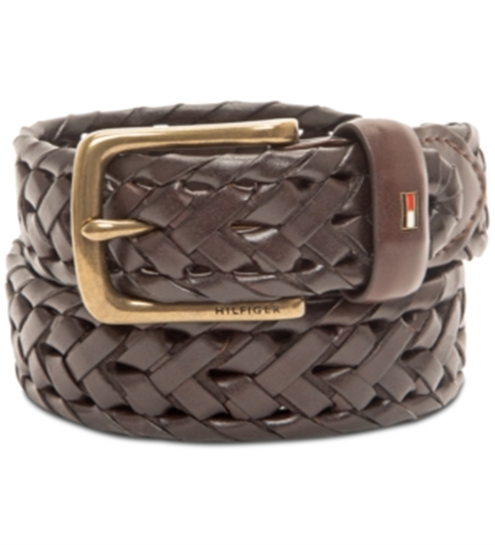 Tommy Hilfiger Men's Faux Leather Braided Casual Belt Brown Size Small