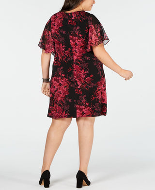 Connected Women's Plus Flutter Sleeve Floral Dress Wine Size 16 W