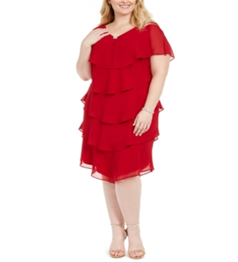 SL Fashions Women's Plus Shift Tiered Chiffon Bling Front Dress Red Size 18W
