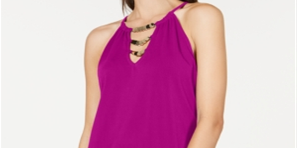 INC International Concepts Women's Neon Circle Chain Front Halter Blouse Pink Size Medium