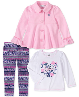 Kids Headquarters Toddler Girls 3-Pc. Fleece Jacket Love Top & Printed Leggings Set Pink Size 3T