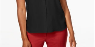 Anne Klein Women's Short Sleeve Button Down Blouse Black Size 8