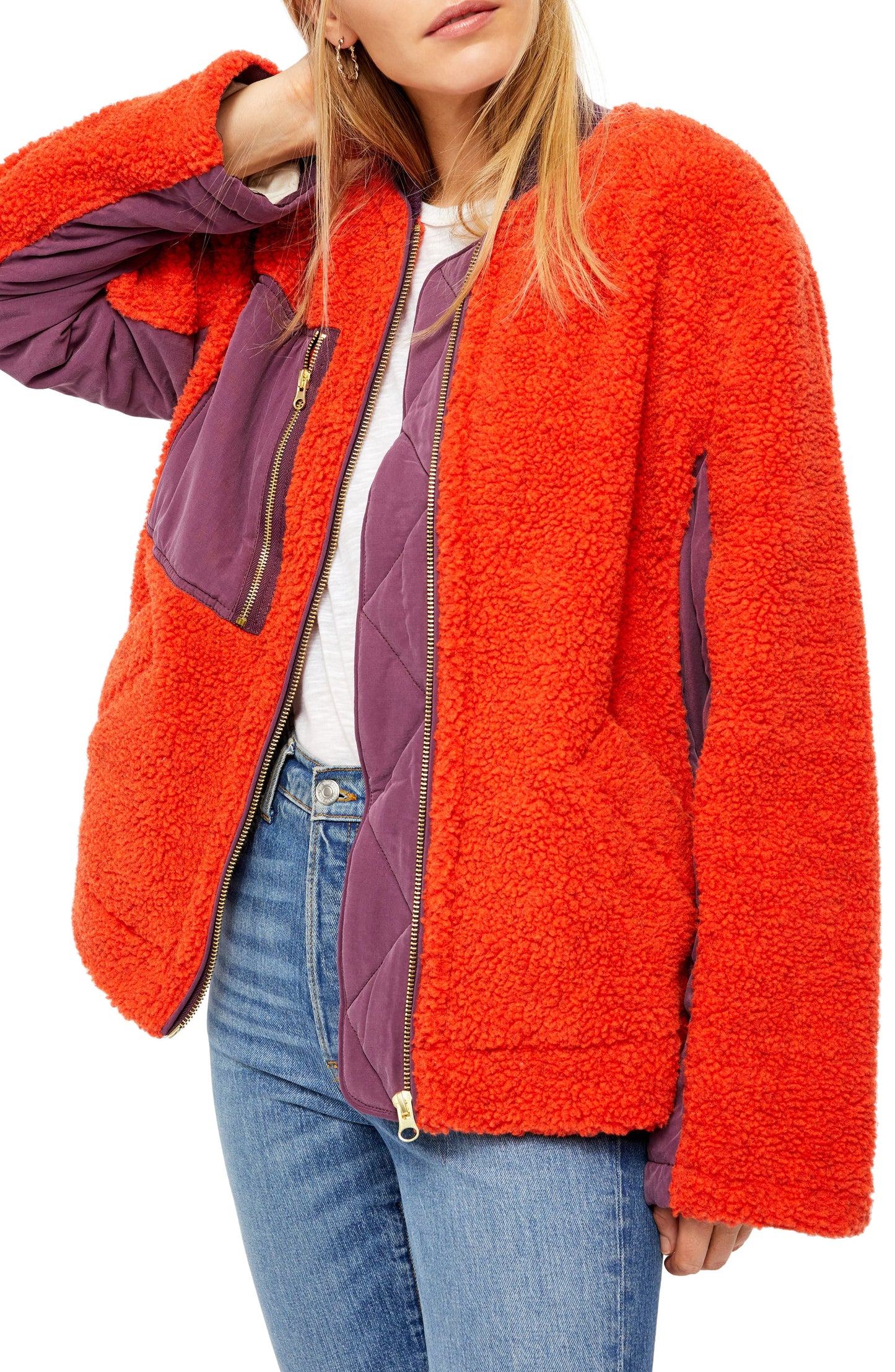 Free People Women's Rivington Sherpa Shearling Colorblock Jacket Red Size Large