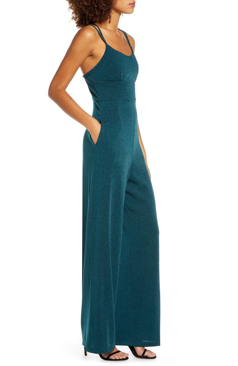 SEQUIN HEARTS Women's Spaghetti Strap Jewel Neck Jumpsuit Juniors Green Size 5