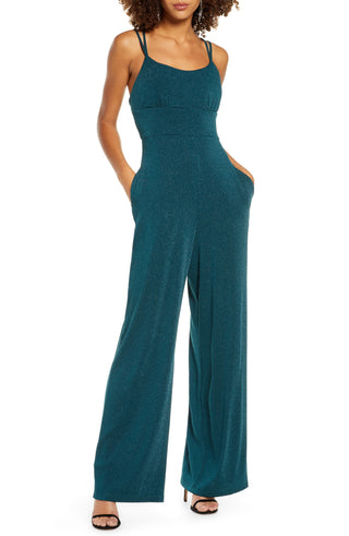 SEQUIN HEARTS Women's Spaghetti Strap Jewel Neck Jumpsuit Juniors Green Size 5