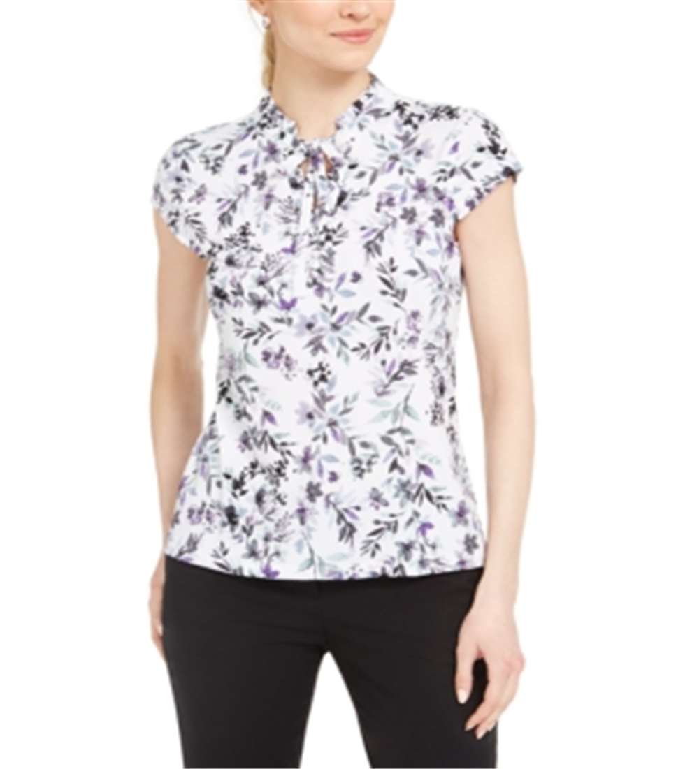 Karl Lagerfeld Women's Floral Print Cap Sleeve Blouse White Size XXS