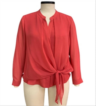Alfani Women's Tie Front Solid Long Sleeve with Buttons Blouse Top Red Size Large