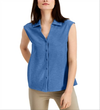 Alfani Women's Collar Sleeveless Button Down Top Blue Size Large