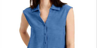 Alfani Women's Collar Sleeveless Button Down Top Blue Size Large