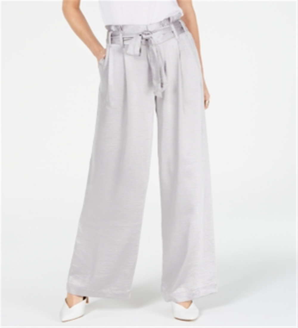 INC International Concepts Women's Paper Bag Dressy Wide Leg Pants Silver Size 2