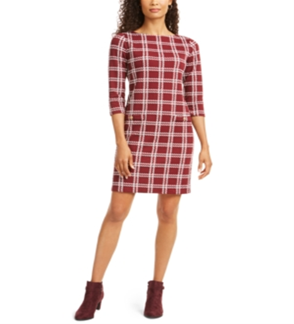 Charter Club Women's Petite Plaid Sheath Dress Wine Size Petite XL
