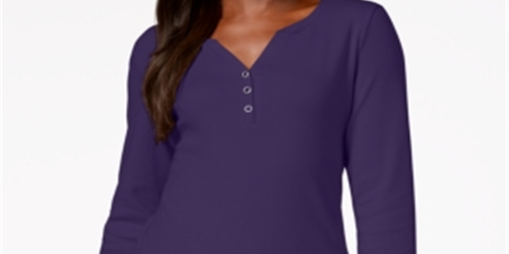 Karen Scott Women's Cotton Henley Neck Top Purple Size Petite Small