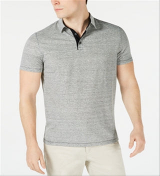 Alfani Men's Regular Fit End on End Stripe Linen Blend Polo Shirt Gray Size Medium
