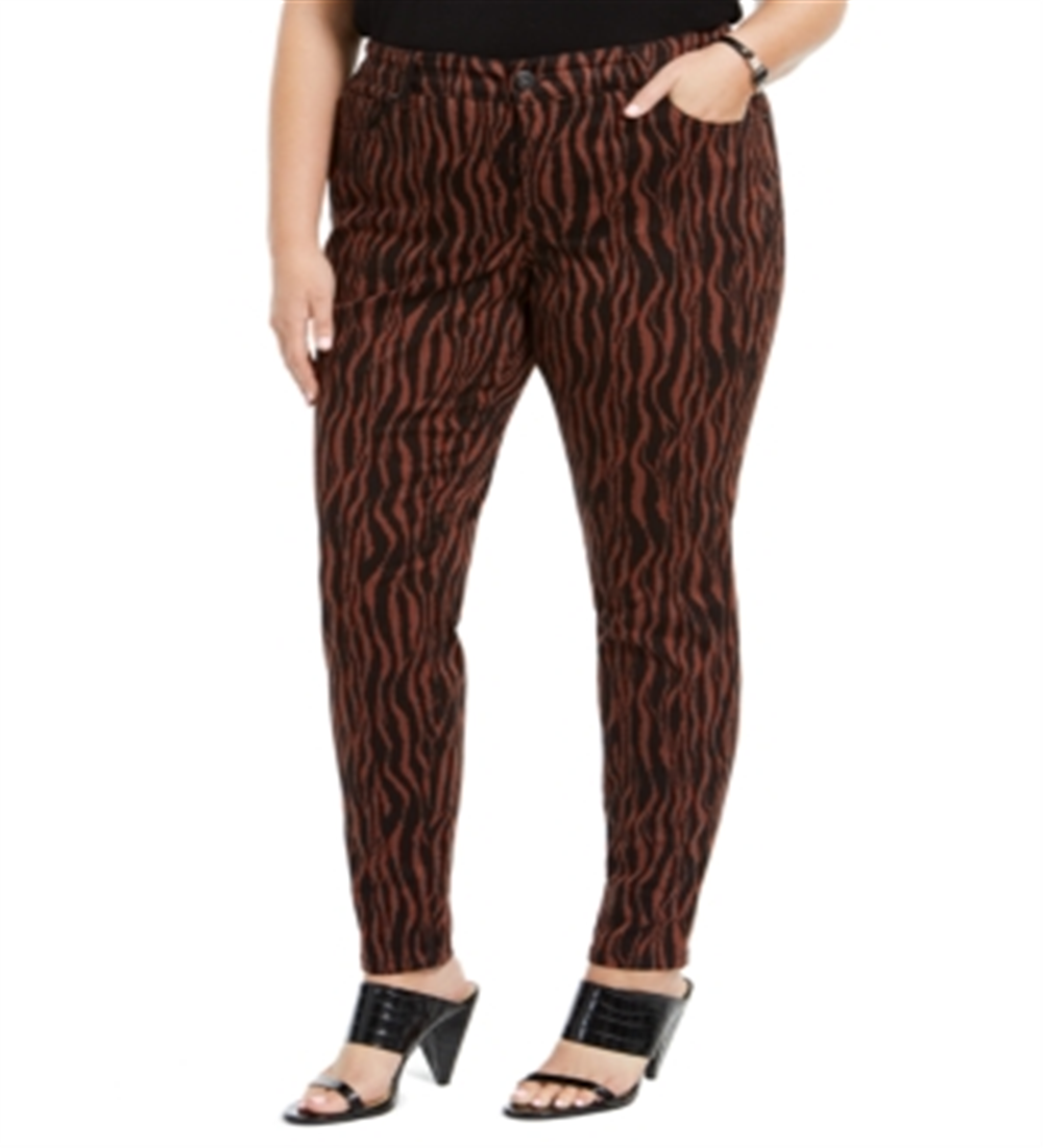 INC International Concepts Women's Plus Tiger Print Mid Rise Skinny Jeans Brown Size 14W