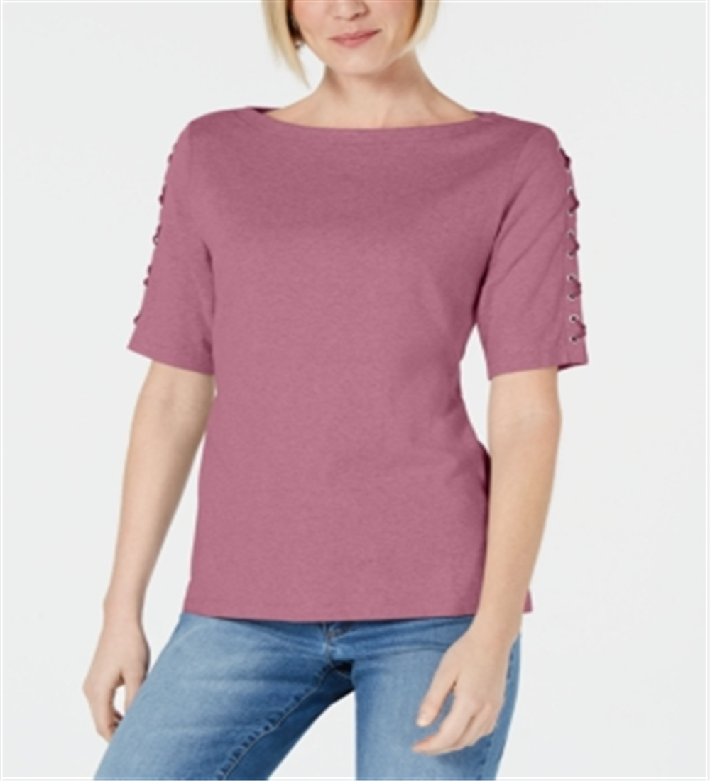 Karen Scott Women's  Cotton Lace-up-Sleeve Top  Pink Size S