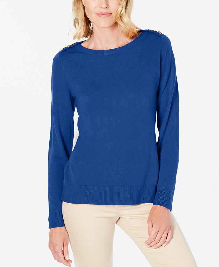 Karen Scott Women's Button Shoulder Sweater Blue SizePetite L