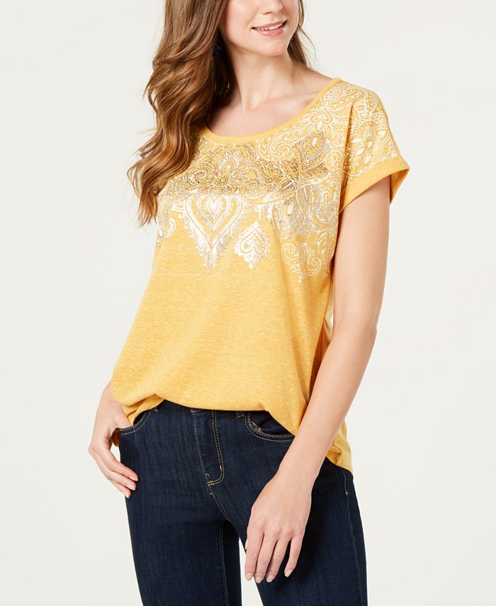 Style & Co Women's Graphic Print T-Shirt Yellow Size Petite S